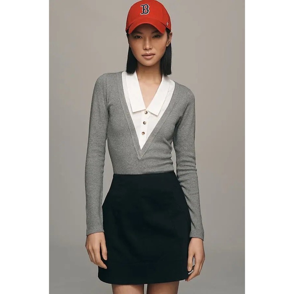 Anthropologie Pilcro Twofer Collared Bodysuit Grey Size Medium Preppy Academia